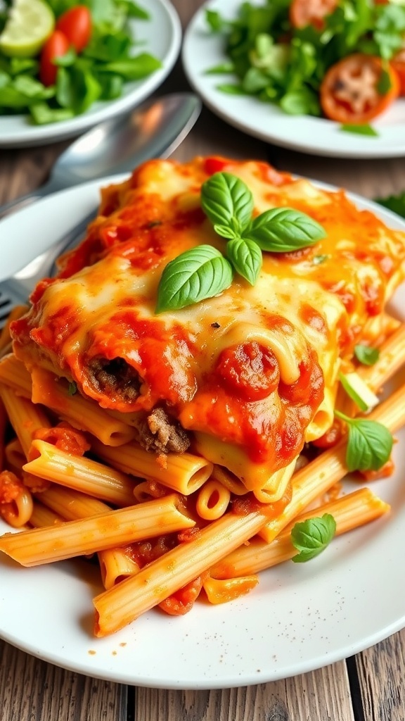 Baked Ziti with Italian Sausage Recipe Baked ziti with Italian sausage, cheese, and marinara sauce, garnished with basil on a rustic table.